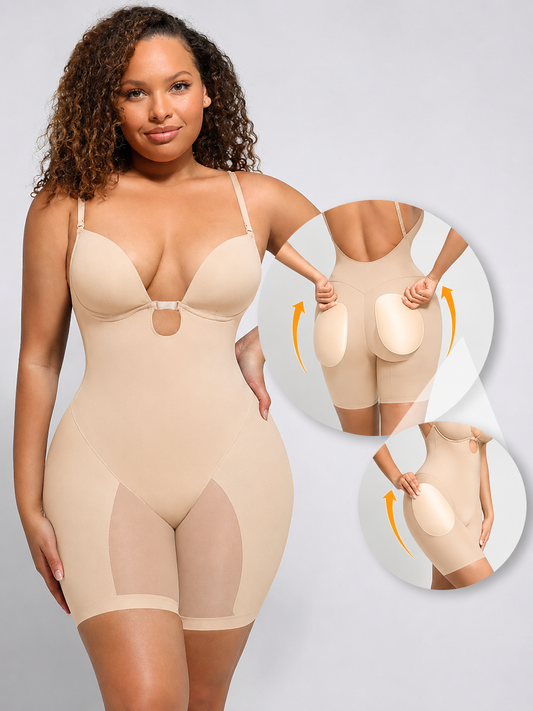 SEAMLESS OPEN BACK PADDED BODYSUIT|BEIGE