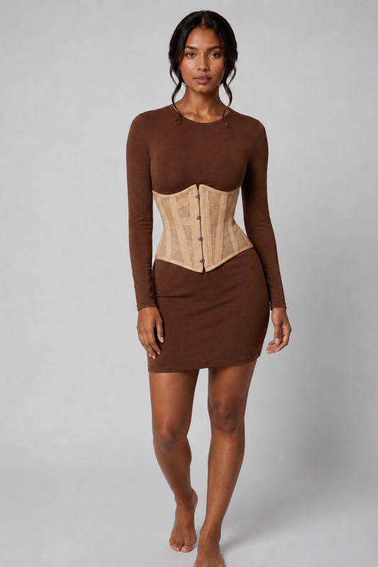 MESH STEEL BONED HOURGLASS CORSET | NUDE
