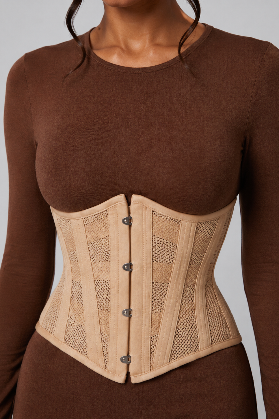 MESH STEEL BONED HOURGLASS CORSET | NUDE