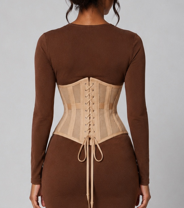 MESH STEEL BONED HOURGLASS CORSET | NUDE